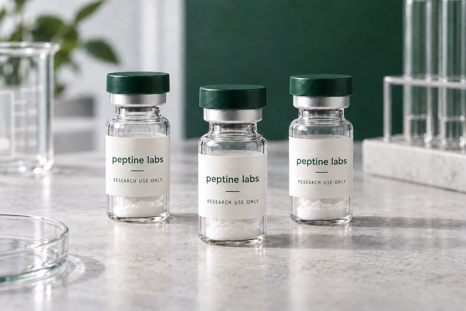 Peptine Labs research vials with green caps on a laboratory bench
